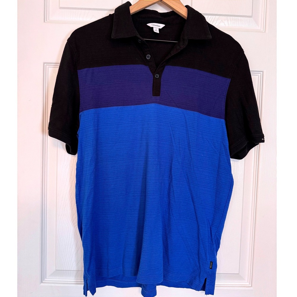 Calvin Klein Polo Shirt Mens Medium Blue Black Colorblock Slub Knit Casual Top